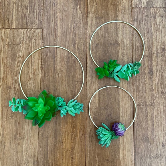 Set of 3 Succulent Gold Hoops Set Wall Hallway Bedroom Office Nursey Room Decor - Picture 1 of 1